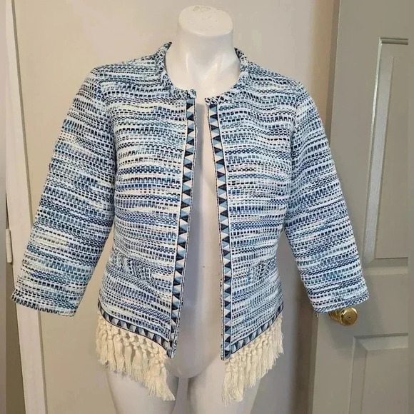 Boston Proper Blue White Tweed Fringe Fully Lined Blazer Jacket(8) - Picture 5 of 13